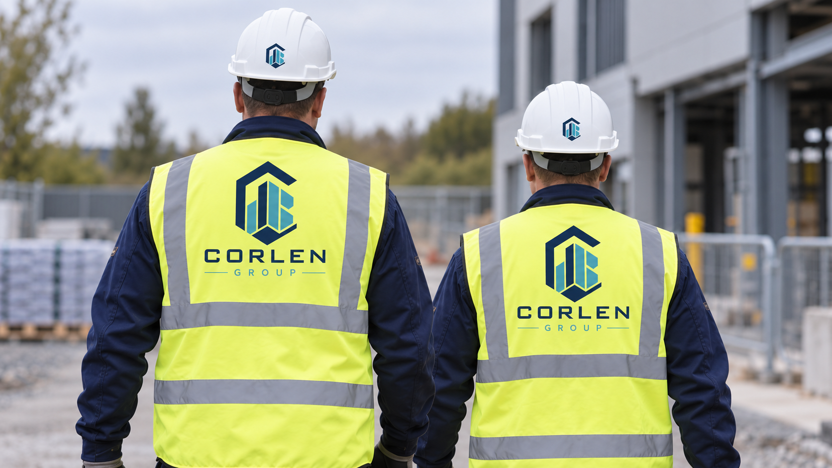 Two Corlen Group operatives in branded high-visibility vests and hard hats